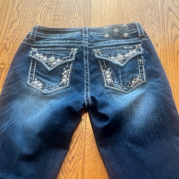 Miss Me Denim - MISS ME Mid-Rise Boot Cut Embellished Jeans Whiskered Dark Wash Size 28